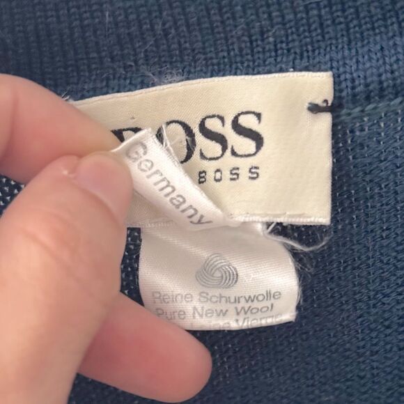 Vintage 1970s HUGO BOSS Men's Blue Pure New Wool Polo Sweater w/ Emblem Patch 50 - Picture 6 of 10